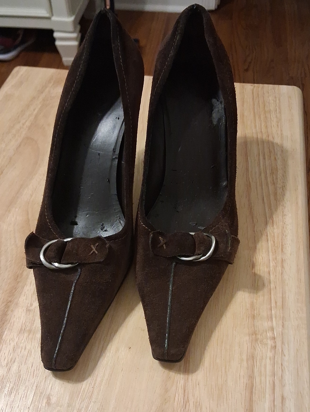 Nine West Brown Suede Pointed Toe Pumps with Buckle Ring